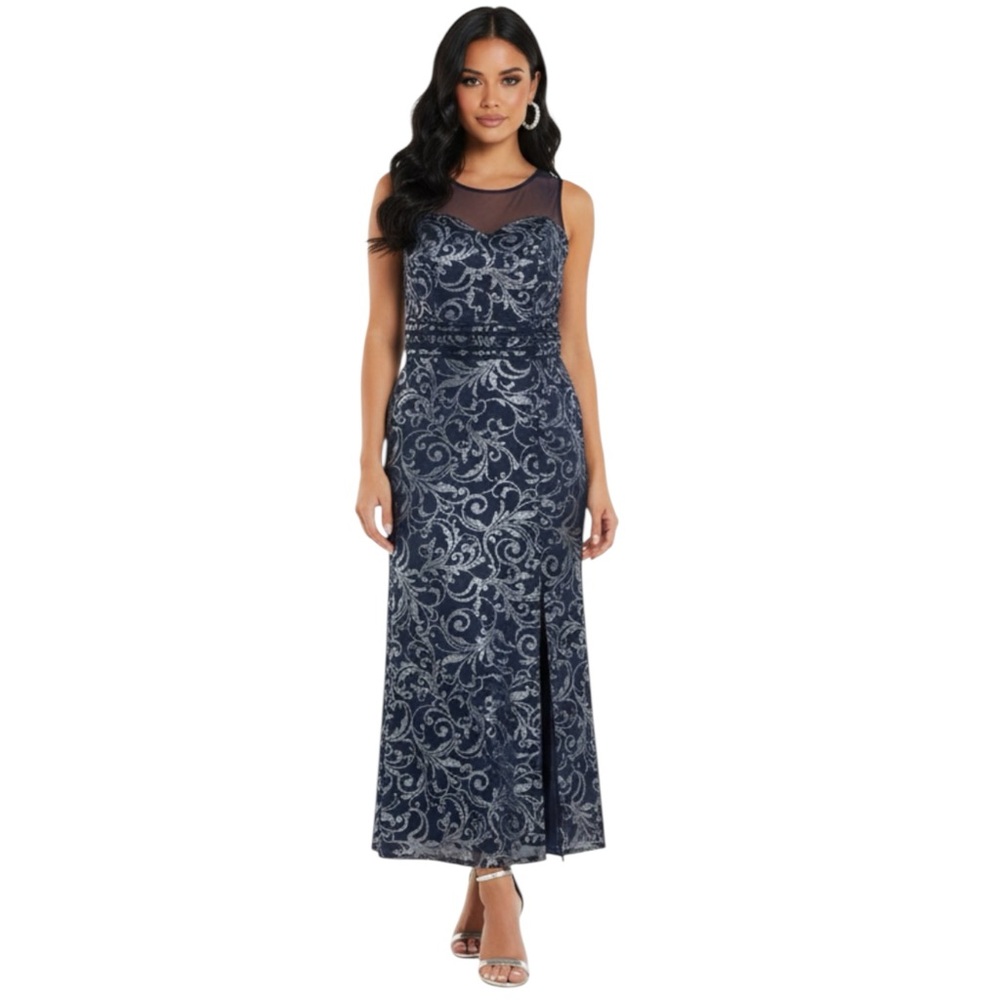 NWT En Focus Studio Navy Blue Silver Mesh Detail Sleeveless Stretchy Maxi Dress